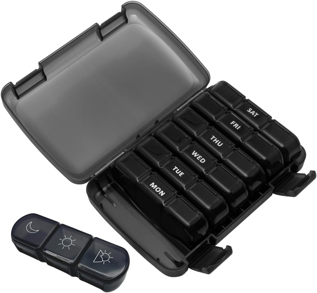 Ezy Dose Weekly (7-Day) Daily Medtime Pill Organizer Case, Vitamin Planner and Medicine Container, Removable Large Pop-Out Individual Compartments, 3 Times a Day, Travel Friendly Black, BPA Free