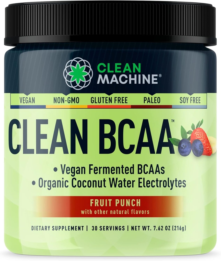 Clean BCAA - 2:1:1 Food Sourced BCAAs Powder & Coconut Water Electrolytes Recovery & Amino Energy Supplement - Award Winning Vegan Amino Acid Supplement - 30 Servings (30, Fruit Punch)
