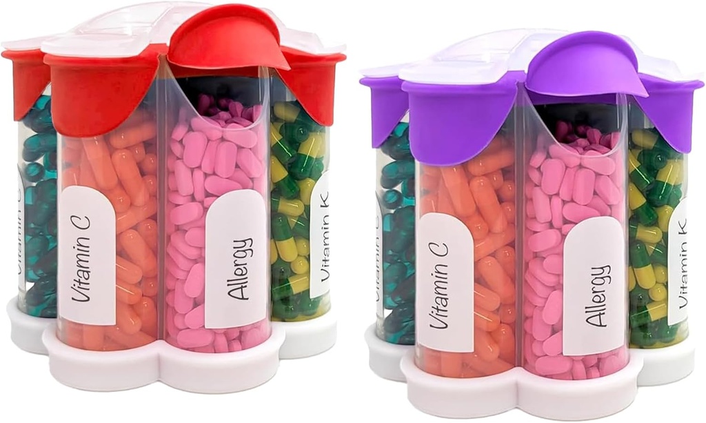 Extra Large Pill Organizer Daily, Weekly, Monthly Supplement Bottle, Cute Blossom Pill Dispenser with 7 XL Compartments (2 Pack Combo) (Purple and Red)
