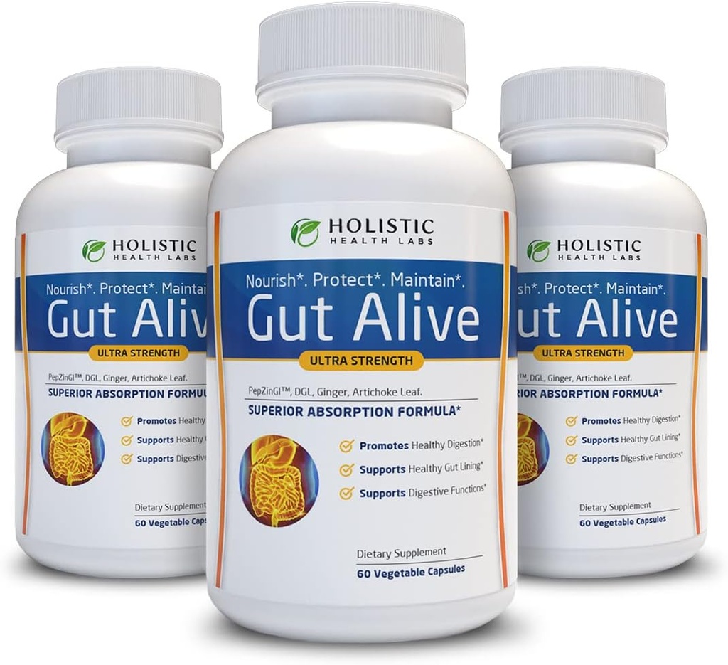Gut Alive - All Natural Support to Fight IBS, Heartburn, Acid Indigestion, Acid Reflux, Bloating & Gas. Unique Formulation (60 Count (Pack of 3))