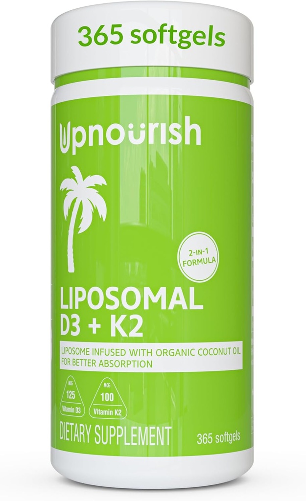 UpNourish Liposomal D3 & K2 MK-7, Advanced Absorption for Optimal Bone and Immune Health, Supplies 5000 IU 125 mcg Vitamin D3 and 100 mcg Vitamin k2 with Organic Coconut Oil, 365 Mini softgels