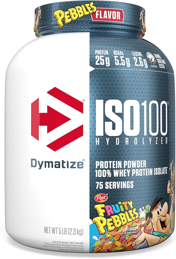 Dymatize x Fruity Pebbles ISO100 Whey Protein Powder Isolate, 25g of Protein, 5.5g BCAAs, 120 Cal., Gluten Free, 1g Fat, 1g Sugar, 2g Carb (75 Servings)