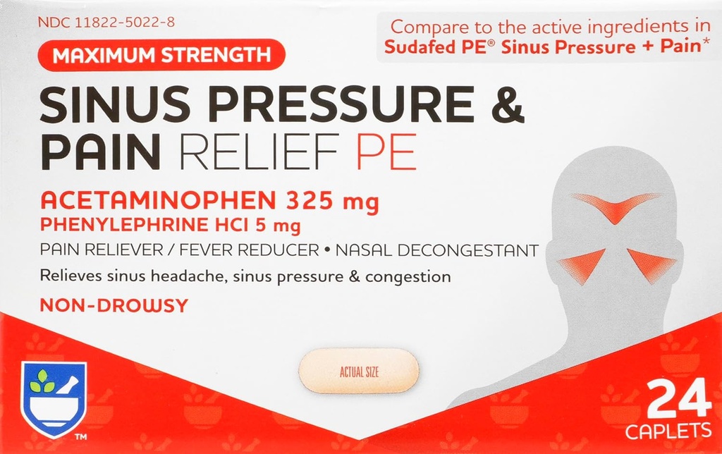 Rite Aid Sinus Pressure and Pain Reliever PE, Non-Drowsy - 24 Tablets | Sinus Relief | Pain Relief | Nasal Decongestant | Cold Medicine for Adults | Allergy Medication | Allergy Relief | Mucus Relief