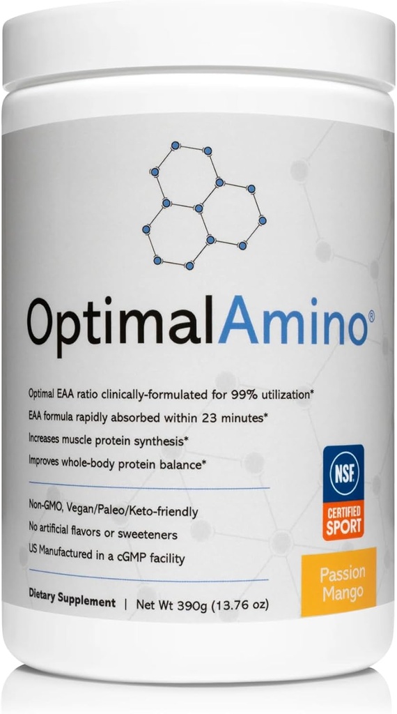OptimalAmino Amino Acid Powder | 99% Utilized Essential Amino Acid (EAA) Supplement | Pre/Post Workout & Muscle Recovery | NSF for Sport Certified | Passion Mango Flavor