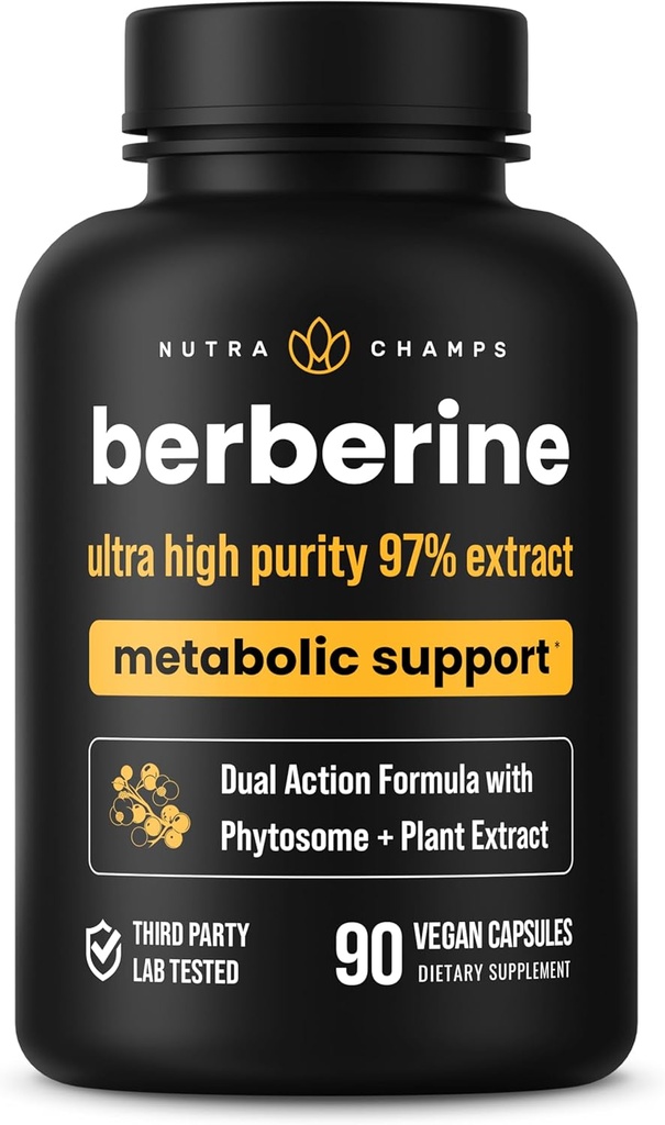 NutraChamps Berberine Supplement | Ultra High Strength 97% Purity | Berberine HCL 1500mg + Berbevis Phytosome Extract for Enhanced Absorption & Metabolic Support | Premium 500mg 90 Vegan Capsules