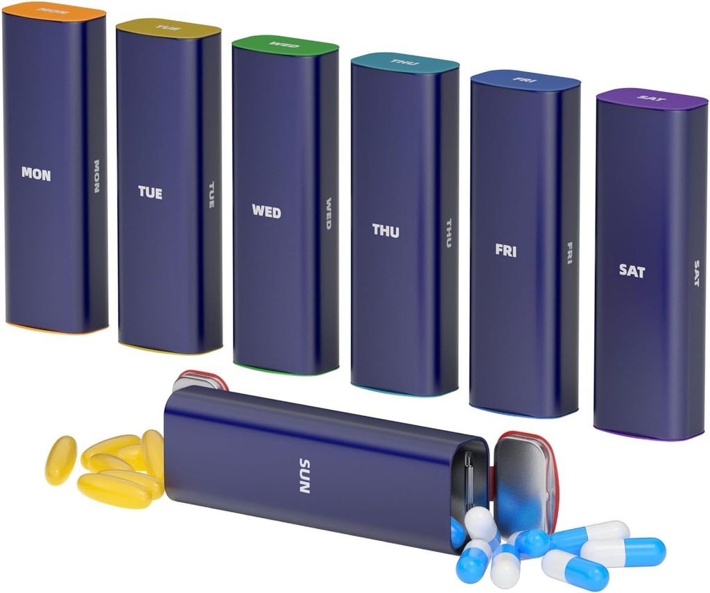 Weekly Pill Organizer 2 Times a Day, KANGYAN Aluminum Alloy Travel Pill Box 7 Day, Am Pm Twice Daily Pill Case, Pill Holder Container for Vitamin, Medicine, Supplement, Fish Oil