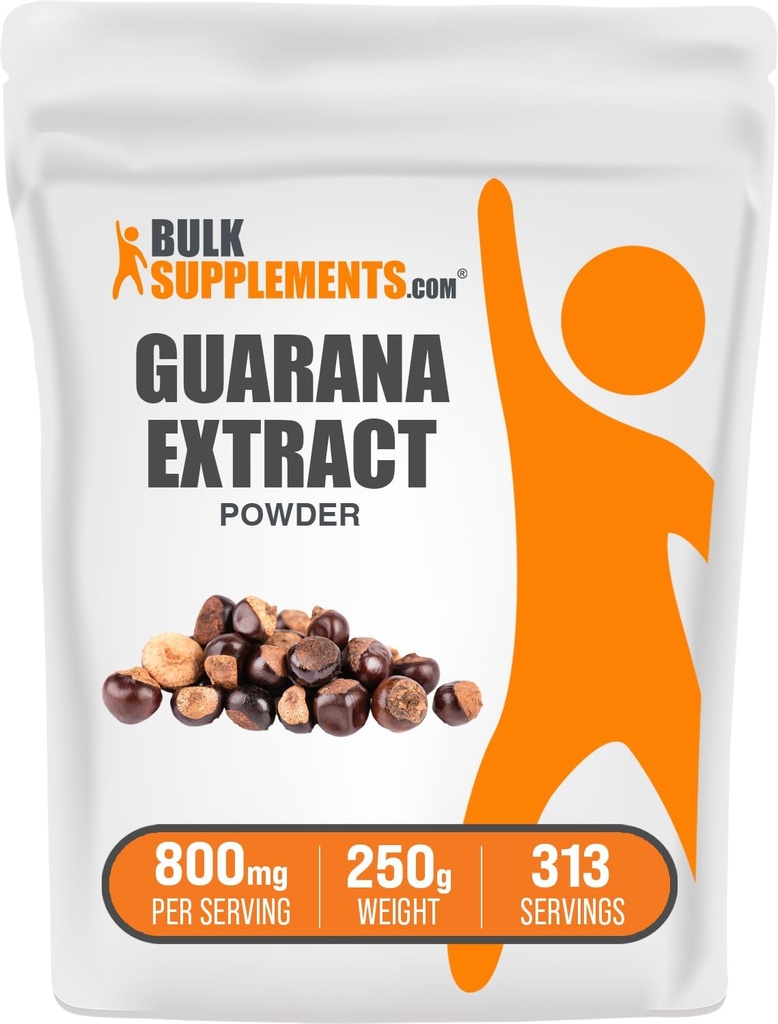 BulkSupplements.com Guarana Extract Powder - Natural Caffeine Supplement, from Guarana Seed, Guarana Powder - Gluten Free, 800mg per Serving, 250g (8.8 oz) (Pack of 1)