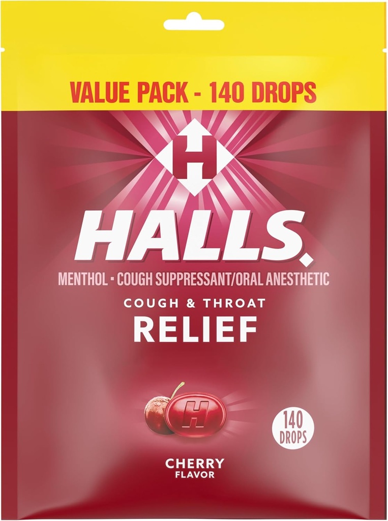 Halls Relief Cherry Cough Drops, Value Pack, 140 Drops