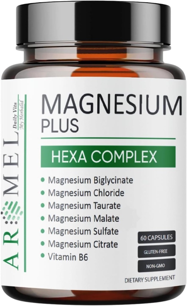 Magnesium Complex 60 Capsules with | Bisglycinate | Chloride | Taurat | Sulfate | Citrate | Malate | Vitamin B6 Complex | by Aromel