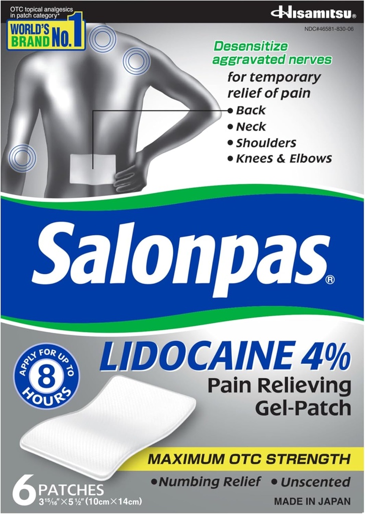 Salonpas Lidocaine 4% Pain Relieving Gel-Patch, 6 Count, for Back, Neck, Shoulder, Knee & Elbow Pain