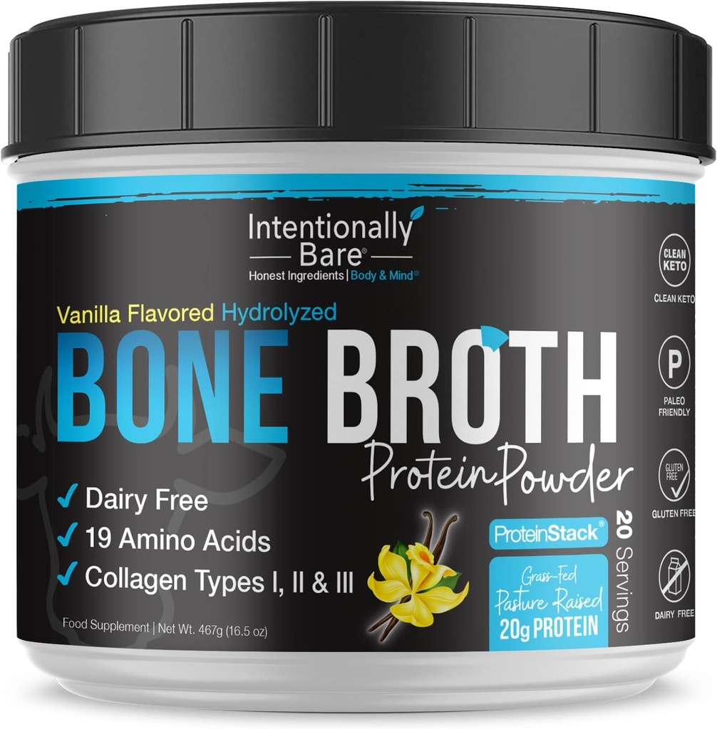 Intentionally Bare Bone Broth Protein Powder Vanilla - Grass Fed Protein Powder with Multi Collagen Peptides Type 1 2 and 3 - Dairy Free Bone Broth Powder for Skin, Gut and Joint - 20 Servings