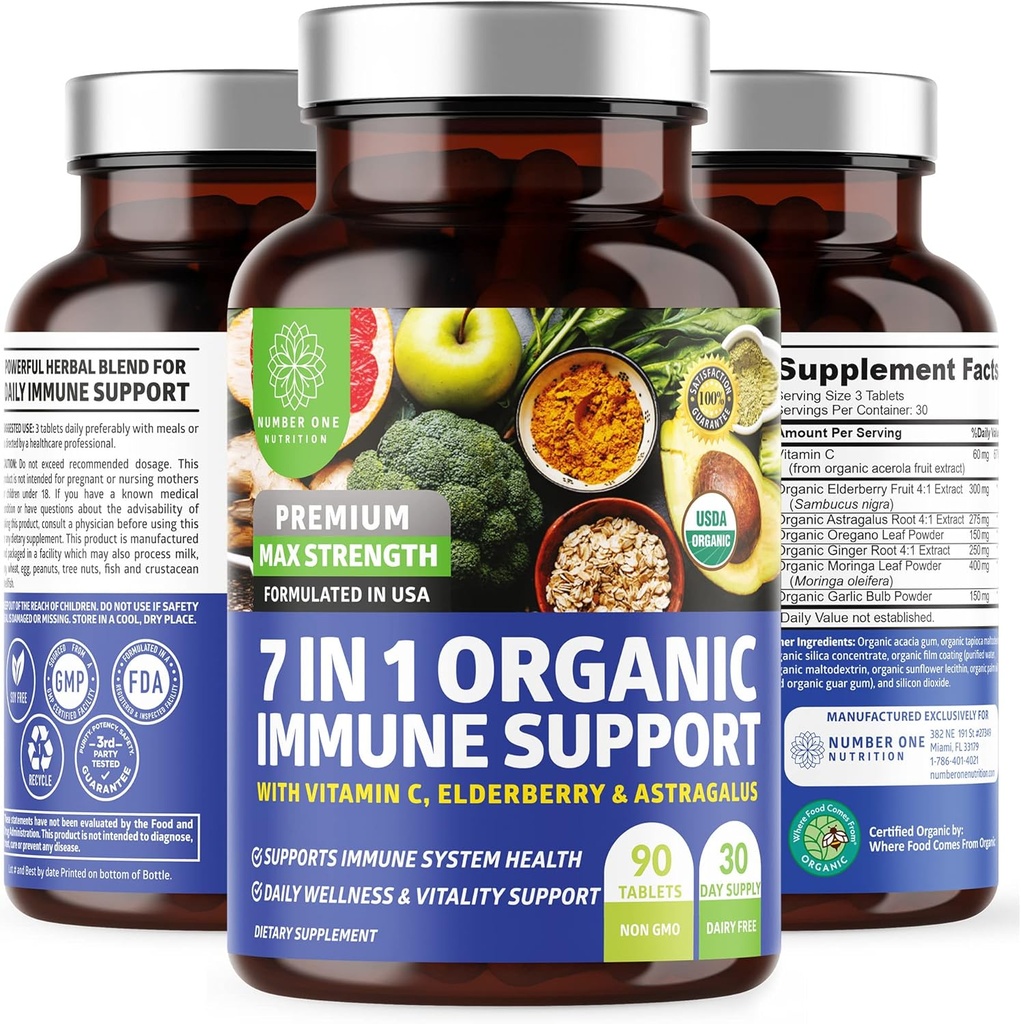 N1N Premium 7 in 1 Immune Support Supplement [100% USDA Organic] Daily Immune Boost with Vitamin C, Elderberry, Moringa Leaf, Oregano and Garlic for Immunity and Inflammatory Response, 90 Tablets