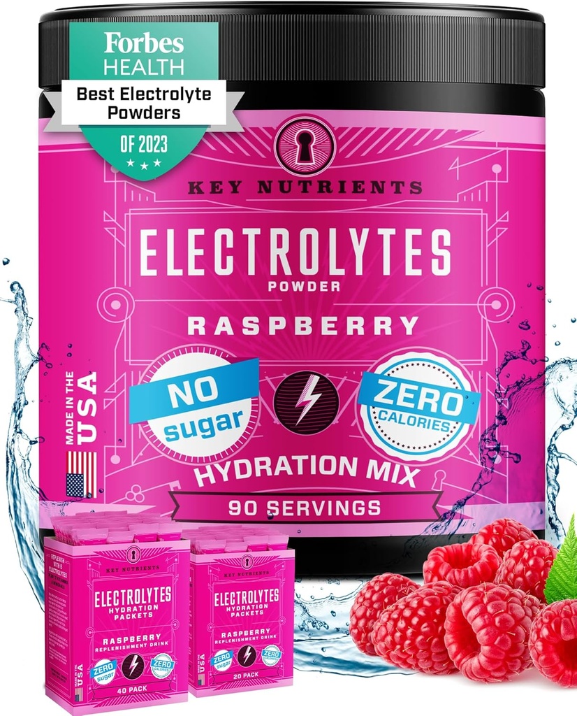 KEY NUTRIENTS Multivitamin Electrolytes Powder No Sugar - Juicy Raspberry Electrolyte Powder - Hydration Powder - No Calories, Gluten Free Keto Electrolytes Powder - 90 Servings - Made in USA