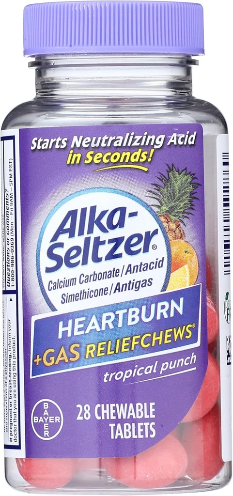 Alka-Seltzer Heartburn + Gas ReliefChews - Relief of Heartburn, Gas, Acid Indigestion, and Sour Stomach - Tropical Punch Flavors - 28 Count