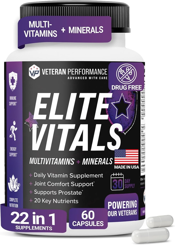 Elite Vitals – Mens Daily Multivitamins with Vitamin B12, Gluten Free Immune Support Supplement for Prostate, Joint & Energy with Zinc, Green Tea, +20 Essential Vitamins – 60 Caps