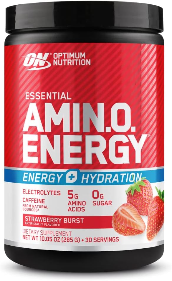 Optimum Nutrition Amino Energy Powder Plus Focus, with BCAA, Electrolytes, and Caffeine, Juicy Strawberry, 30 Servings (Packaging May Vary)