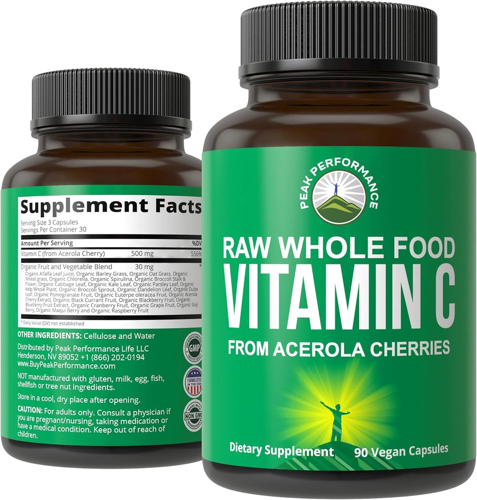 Peak Performance Raw Whole Food Natural Vitamin C Capsules from Acerola Cherry for Max Absorption. Vegan USA Sourced Vitamin C Supplement 90 Pills. 500 mg Serving or 2 Servings 1000mg