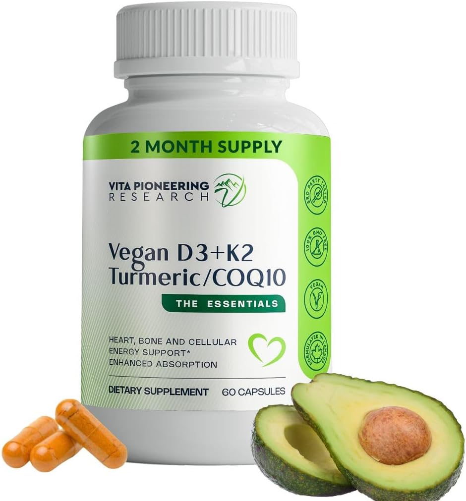 5-in-1 Vitamin D3 2000IU + K2Vital Vitamin K2 with Turmeric and COQ10 - with Avocado Powder for Enhanced Absorption - Heart, Bone, Cellular Health Support