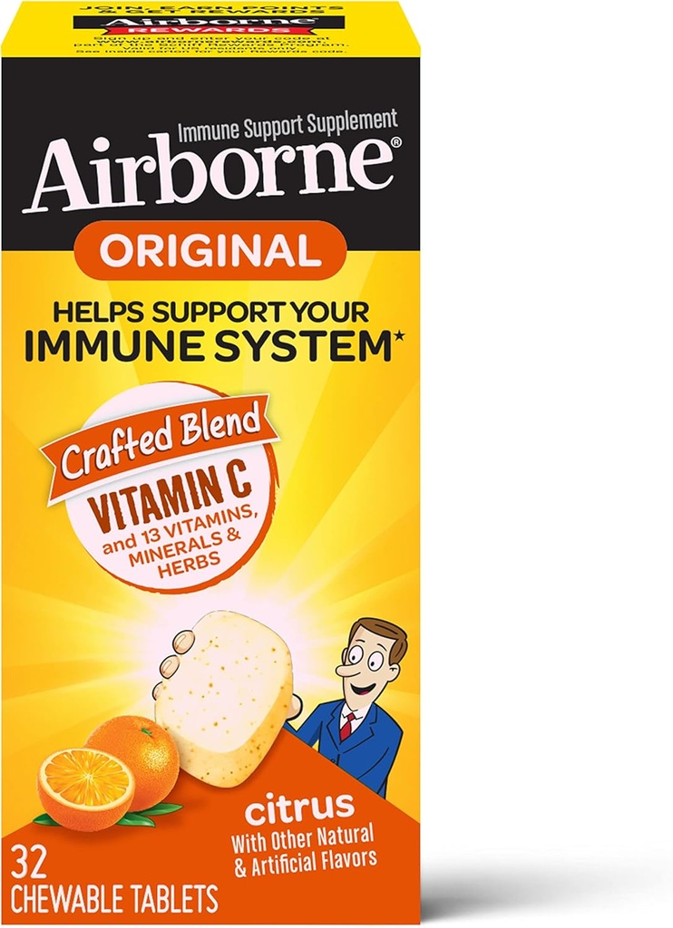Airborne Vitamin C 1000mg (per Serving) Citrus Chewable Tablets (32 Count in a Box), Gluten-Free Immune Support Supplement, with Vitamins A C E, ZINC, Selenium, Echinacea & Ginger, Antioxidants