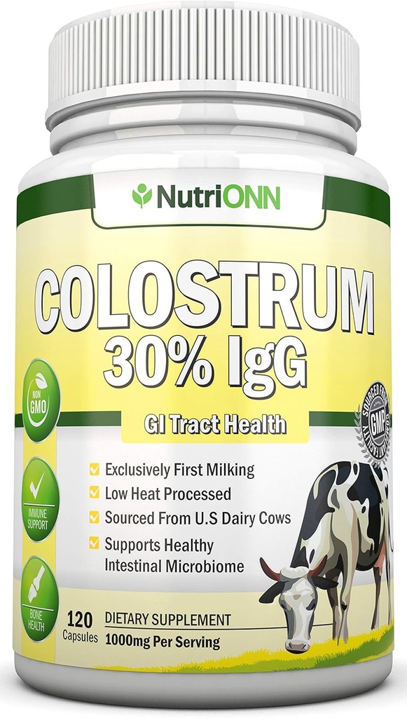 Colostrum - 1000mg - 120 Capsules - 30% IgG - Non-GMO US Dairy - First Milking Bovine Colostrum - Low Heat Processed - Great for GI Tract Health - Immune Support - Bone and Muscle Health