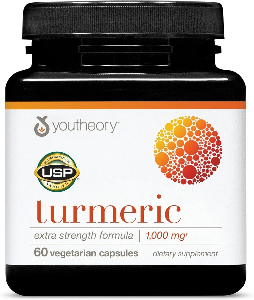 Youtheory Turmeric Extra Strength - 1,000 mg - Supports Brain, Muscle & Joint Health* - Contains Bioenhancers, Curcuminoids & Herbal Extracts - USP Verified - 60 Vegetarian Capsules (30-Day Supply)