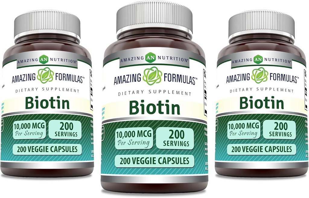 Amazing Formulas Biotin 10000 mcg Veggie Capsules | Vitamin B7 Supplement | Non-GMO | Gluten Free | Made in USA (200 Count | 3 Pack)