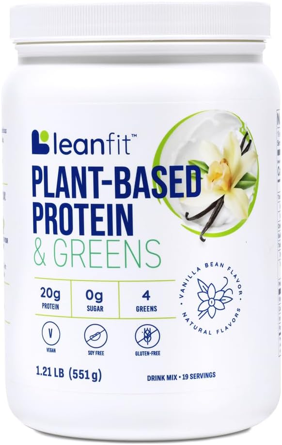 LeanFit Plant-Based Protein & Greens Natural Vanilla – 20g Plant Protein + 4 Leafy Greens Per Serving – Vegan, Gluten-Free, Soy-Free, No Sugar – 19 Servings, 1.21 Pound Tub