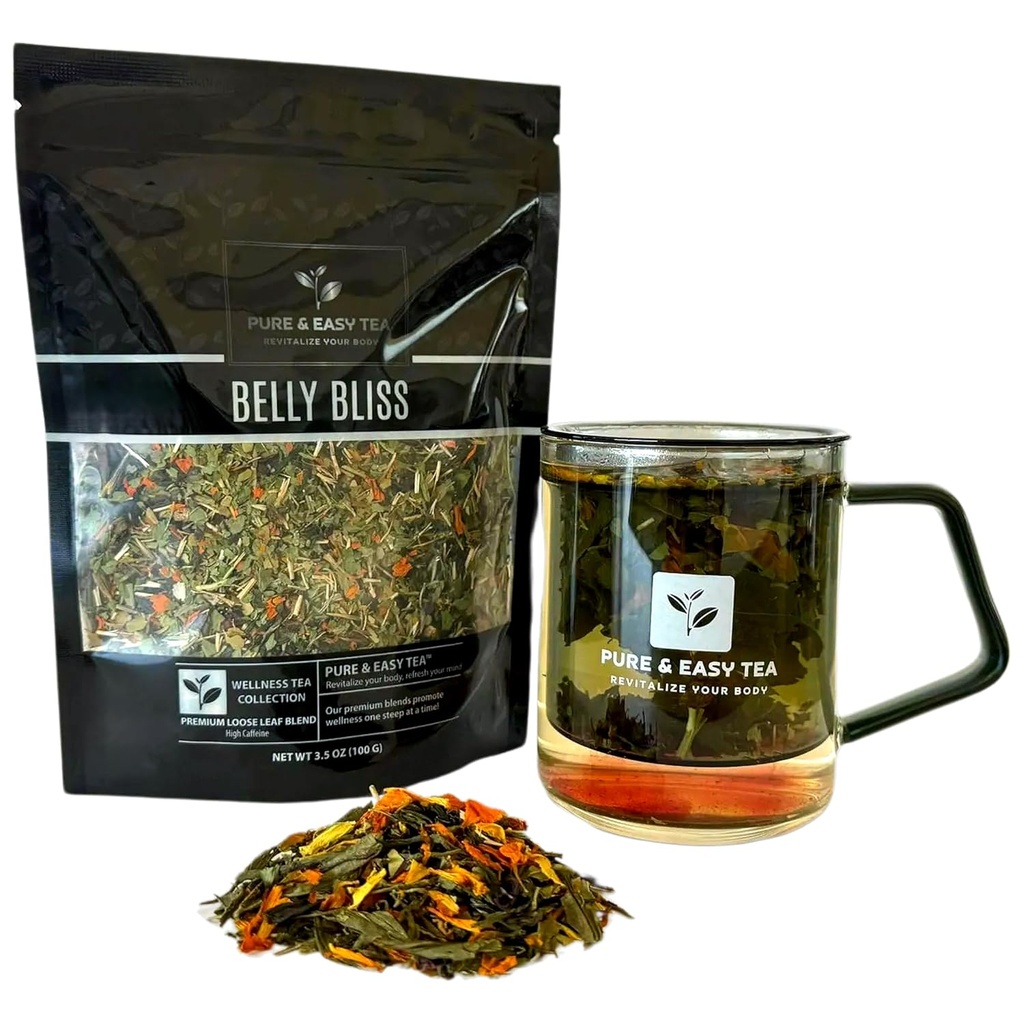Pure And Easy Tea, Belly Bliss, Natural Detox & Bloating Relief Tea, 100% Natural Loose Leaf Slimming Blend with Yerba Mate, Dandelion Leaf, Caffeinated, 30-Day Supply, 100g
