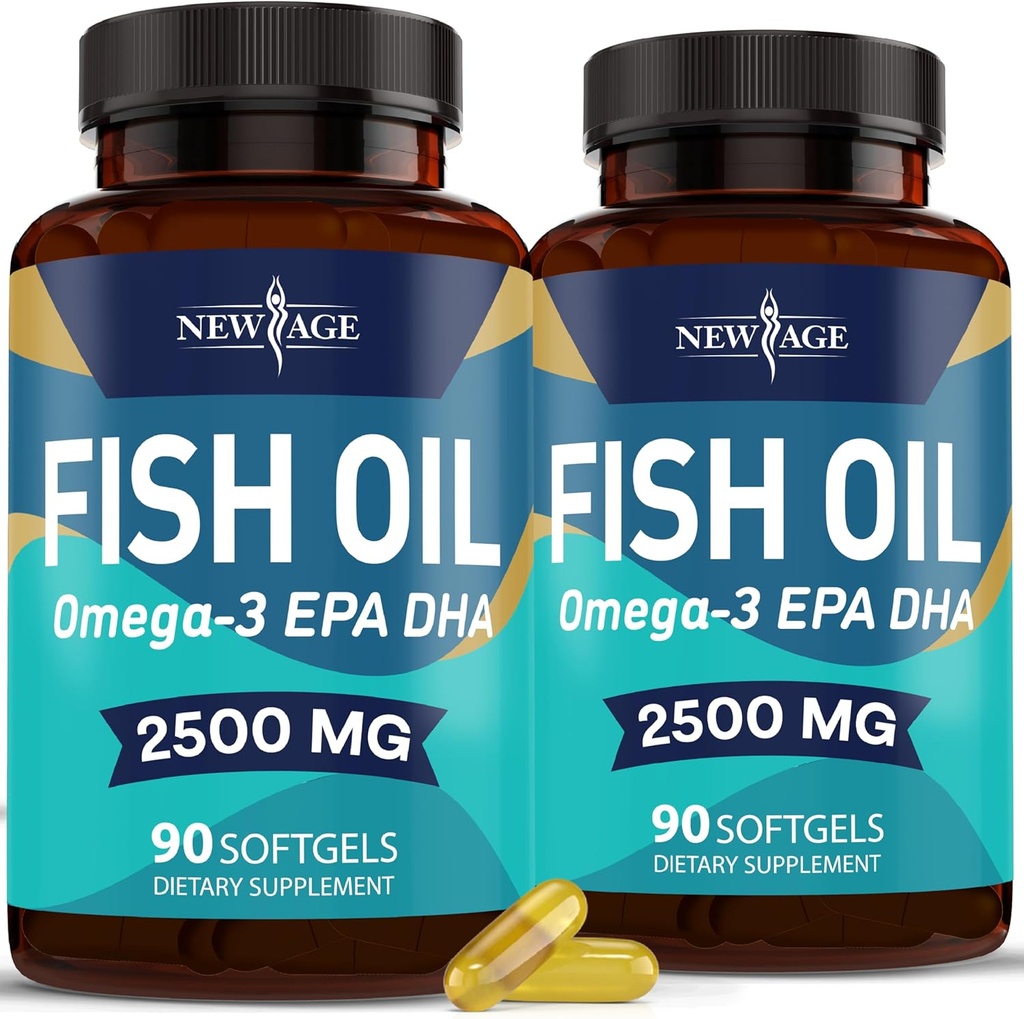NEW AGE Omega 3 Fish Oil 2500mg Supplement Non GMO - EPA, DHA Fatty Acids Gluten Free (180 Softgels (Pack of 2))