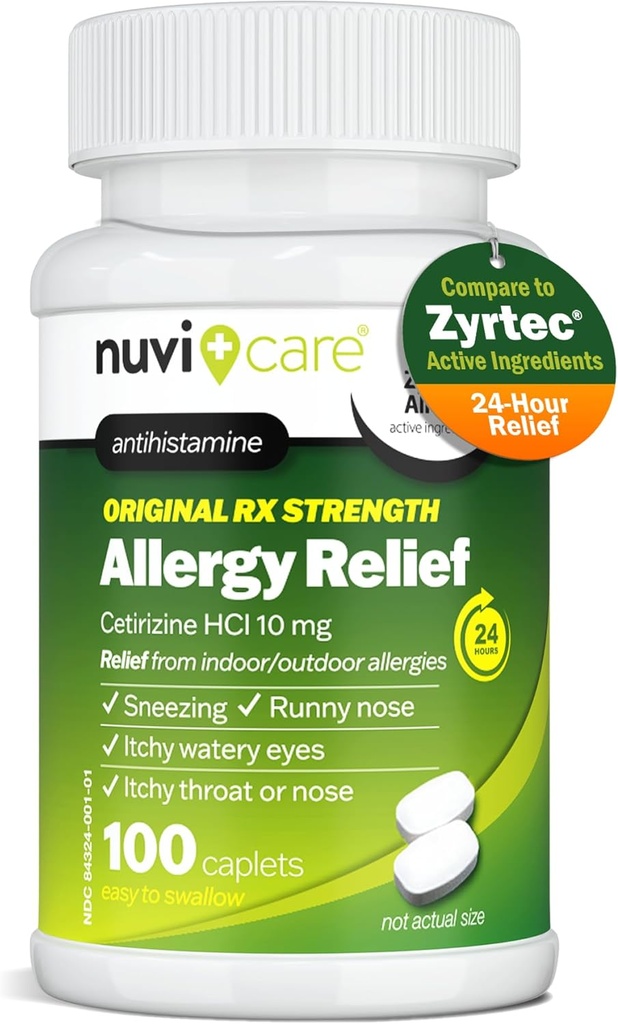 24-Hour Allergy Medicine - Cetirizine Hydrochloride 10mg Tablets - Compare to the Active Ingredient in Zyrtec Antihistamine Meds - Generic Allergy Pills for All Day Allergy Relief (100 Count)