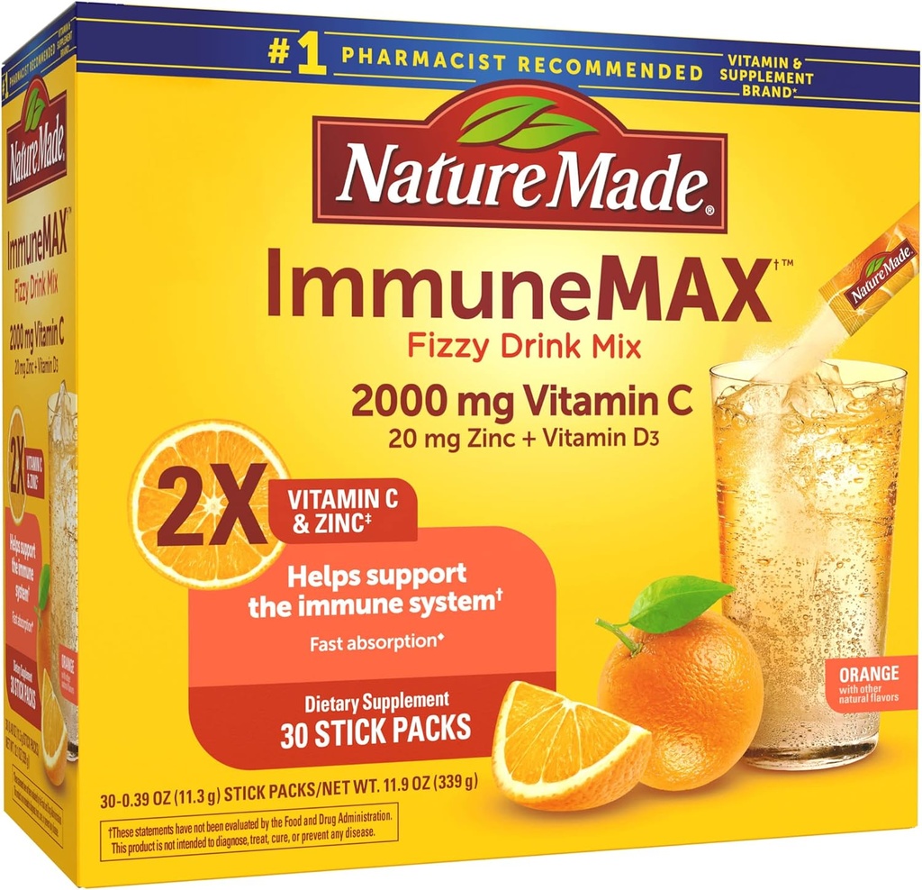 Nature Made ImmuneMAX Fizzy Drink Mix, with Vitamin C, Vitamin D, and Zinc Supplement for Immune Support, Fast Absorption, 30 Stick Packs, 0.4 Ounce