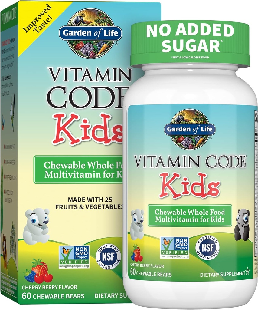 Garden of Life Vegetarian Multivitamin Supplement for Kids - Vitamin Code Kids Chewable Raw Whole Food Vitamin with Probiotics, 60 Chewable Bears