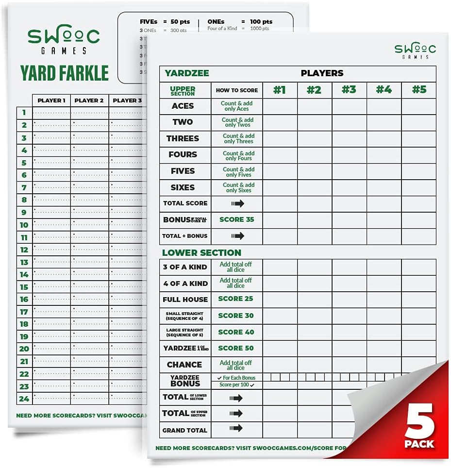 SWOOC Games® - 5 Big Premium Laminated Yardzee & Farkle Score Cards (11.5in x 8in) with Rules - Large Reusable Dry Erase Pads for Giant Outdoor Dice