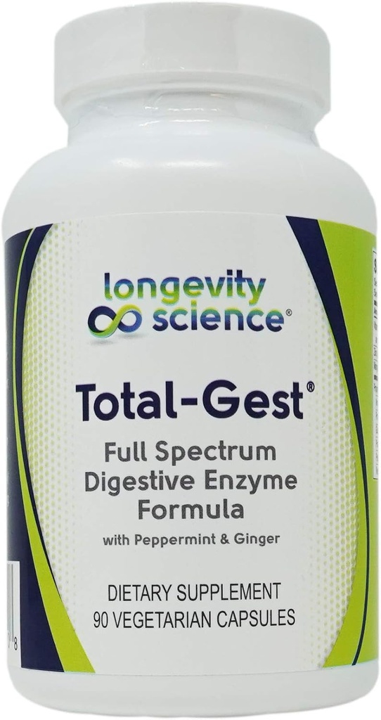 Longevity Science: Total Gest Full Spectrum Digestive Enzyme Formula 90 Vegetarian Capsules