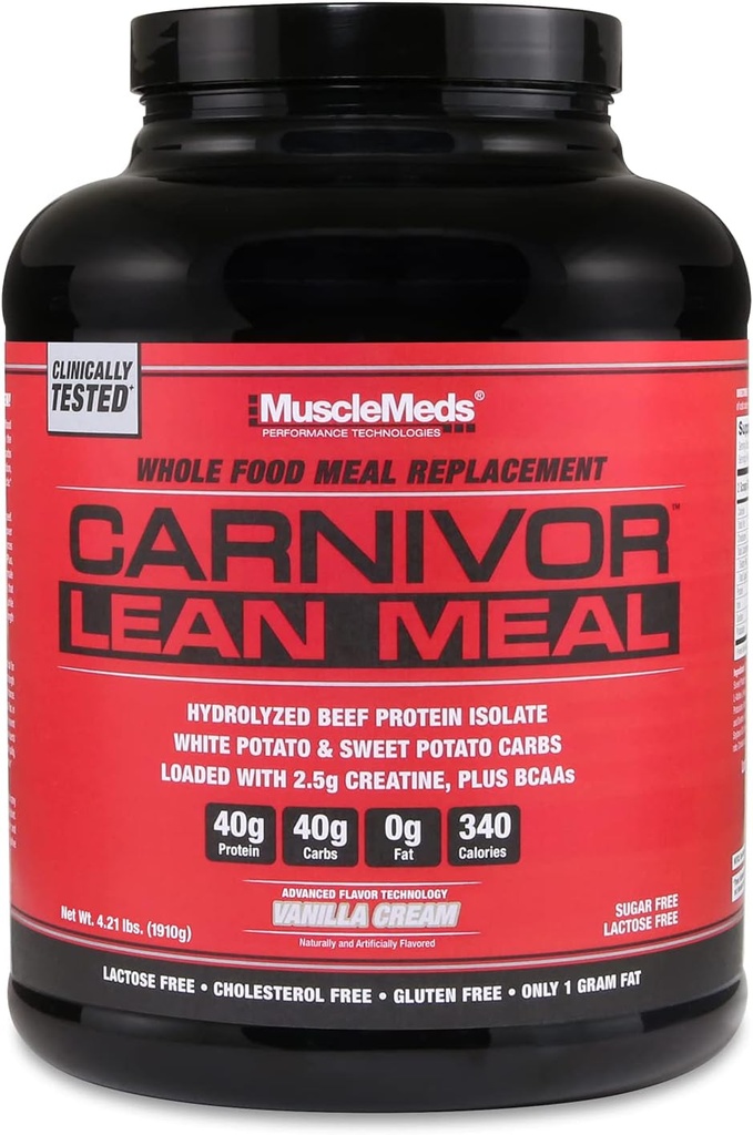 MuscleMeds CARNIVOR LEAN MEAL whole food meal replacement shake, MRE, beef protein isolate, white potato, sweet potato, 40g protein, 40 g carbs, lactose free, sugar free, Vanilla Cream 20 servings