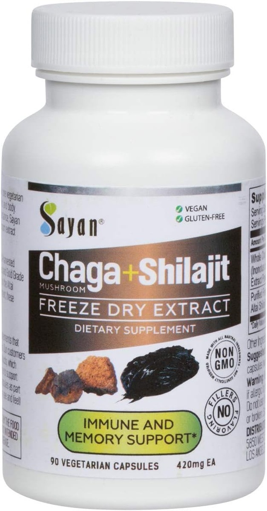 Sayan Siberian Chaga Mushroom Extract with Shilajit 90 Capsules/420mg ea.– Immune and Digestion System Support – Fulvic Acid Supplement – Energy & Clarity – Exclusive Blend – No Fillers