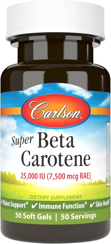 Carlson - Super Beta Carotene, 25000 IU (15 mg), Vitamin A as Beta Carotene, Bioavailable and Bioactive Form, Vision Health, Healthy Skin, 50 Softgels