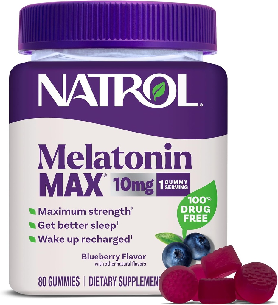 Natrol Melatonin 10mg Sleep Aid Supplement, 80 Count MelatoninMax Gummies, Blueberry Flavor, 10 mg Melatonin Gummies for Occasional Sleeplessness, 80 Day Supply