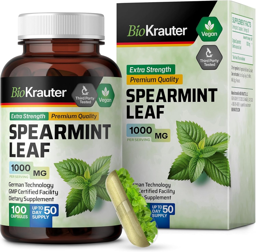 BIO KRAUTER Spearmint Capsules 1000 mg - 100 Count - Vegan Spearmint Supplement for Digestive & Respiratory Support - Mentha Spicata - No Fillers