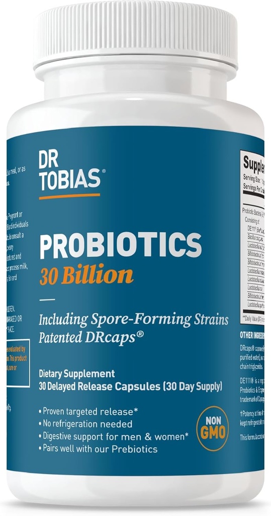 Dr. Tobias Probiotics 30 Billion, 10 Strains, 30 Billion CFU's, Targeted Release Probiotics for Women & Men, Supports Digestive Health, Shelf-Stable, Non-GMO, 30 Capsules, 30 Servings