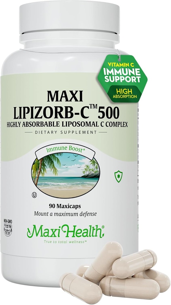 Maxi Health Liposomal Vitamin C 500mg Capsules with Digestive Blend, Highly Absorbable High Dose VitaminC, Non GMO Kosher Vegetarian Doctor-Formulated Immune Support Supplement (90 Count)