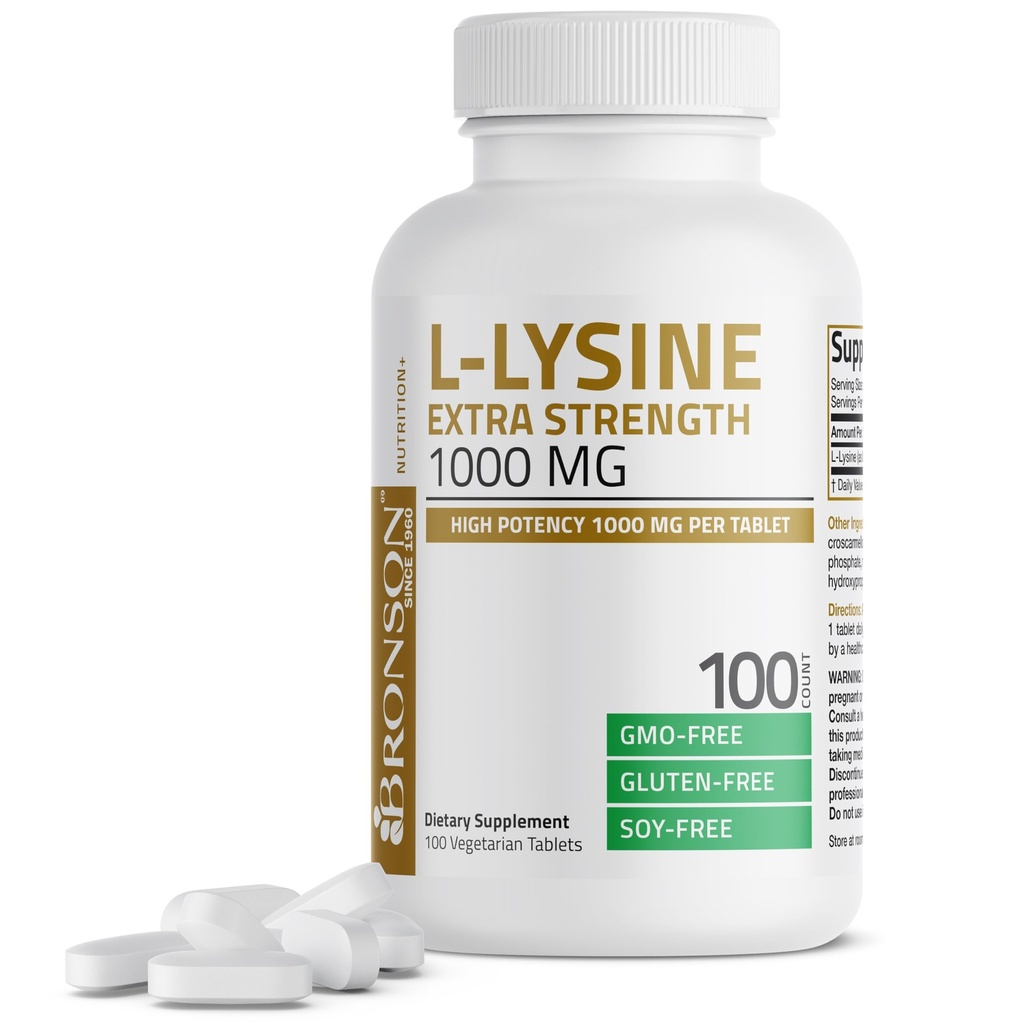 Bronson L-Lysine Extra Strength 1000 MG per Tablet High Potency, Immune Support & Supports Collagen Synthesis, Non-GMO, 100 Vegetarian Tablets