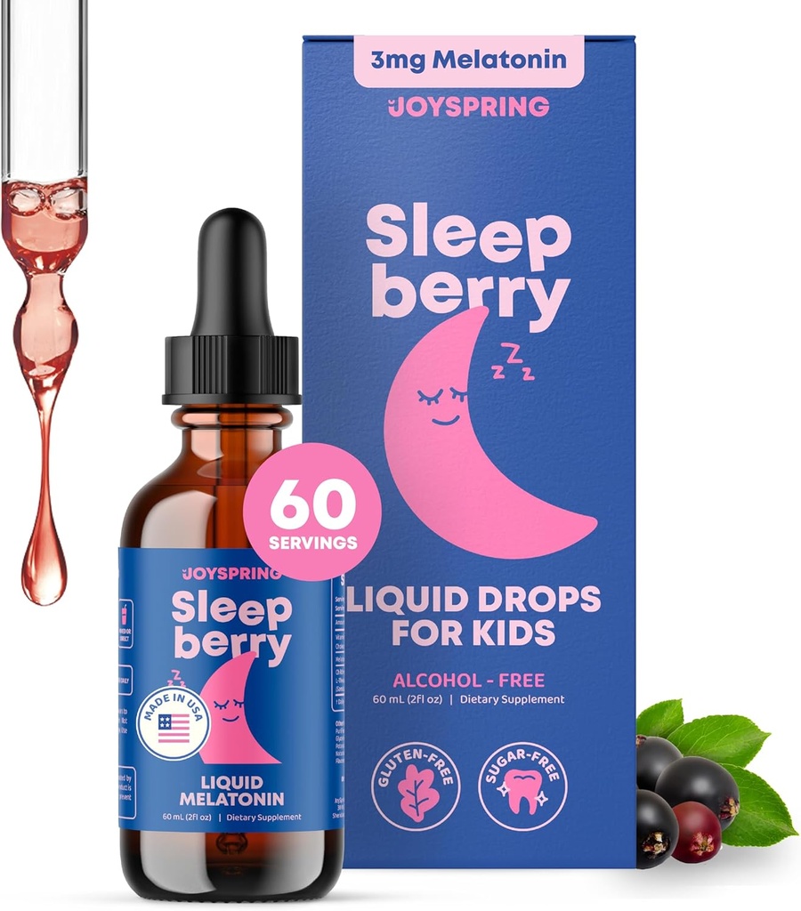 JoySpring Sleepberry Kids Melatonin 3 mg – Liquid Sleep Aid with L Theanine, High Absorption Berry Drops (2 fl oz) 60 Servings, Children's Melatonin with Vitamin D Kids Travel Essentials