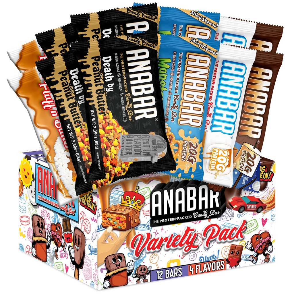 Anabar Protein Bar, The Protein-Packed Candy Bar, World's Best Tasting Protein Bar, No Sugar Alcohols, High Protein, Amazingly Delicious, 20 Grams of Protein (12 Bars, Variety Pack)
