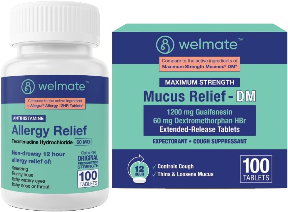 WELMATE Total Respiratory Health Bundle: Allergy Relief Fexofenadine HCl 60mg (100 Ct) 12-Hour Non-Drowsy Antihistamine + Maximum Strength Mucus Relief DM 1200mg Guaifenesin & 60mg DXM (100 Ct)