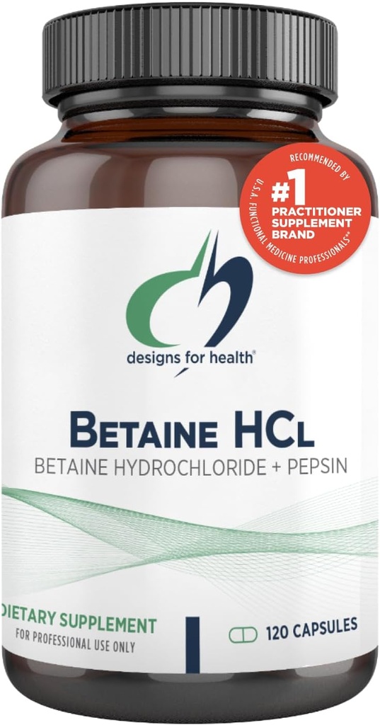 Designs for Health Betaine HCl with Pepsin - 750mg Betaine Hydrochloride + Protein Digestive Enzyme - Non-GMO Supplement to Support Digestive Function (120 Capsules)