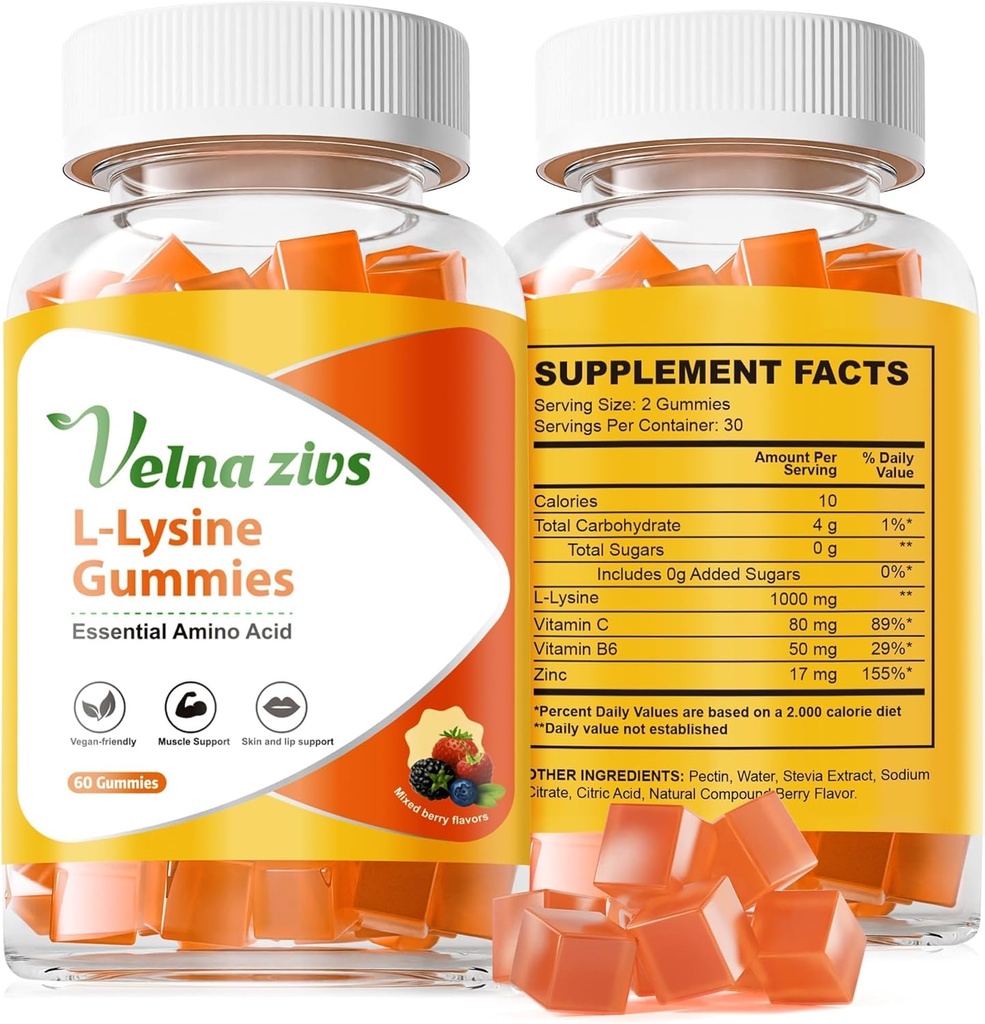 L-Lysine Gummies 1000mg, Chewable Lysine Supplements for Adults, Sugar Free Lysine for Cold Sore* Treatment, Immune Support with Vitamin, Skin and Lips Health*, Vegan, Non GMO, 60 Counts
