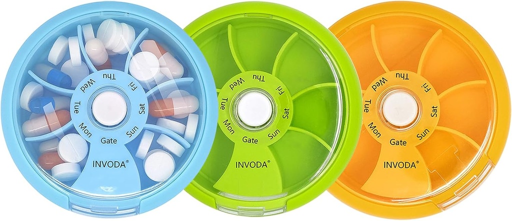 INVODA Weekly Pill Organizer 7 Compartment Rotating Pill Box for Daily Medication & Vitamins - Portable Travel Pill Case Fish Oil Supplements Vitamins Organizer (Green+Sky Blue+Orange)