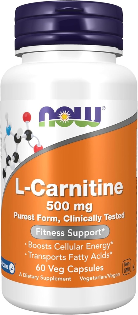 NOW Foods Supplements, L-Carnitine 500mg, Purest Form, Amino Acid, Fitness Support*, 60 Veg Capsules
