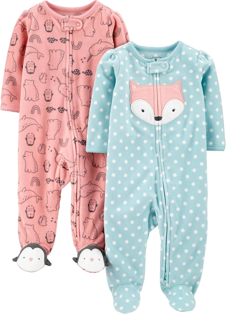 Simple Joys by Carter's Baby Girls' Cotton and Fleece Footed Sleep and Play, Pack of 2